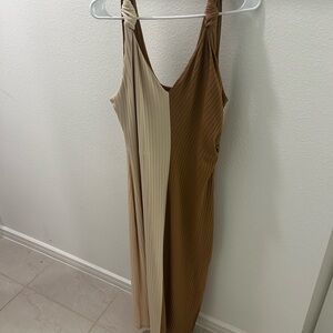 Entro Asymmetrical Two-Tone Dress in Tan and Cream